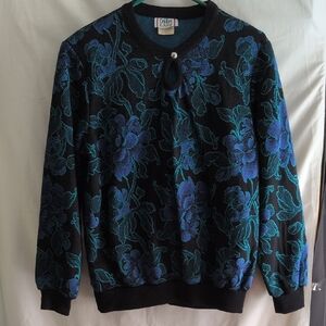 Vintage Cricket Lane Floral Black and Blue Sweater